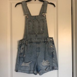 Divided (H&M) distressed light blue denim overalls